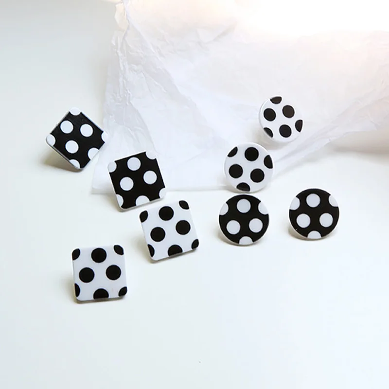 

2018 Sweet Black and White Dot Geometric Acrylic Round Square S925 Sterling Silver Stud Earrings for Women Girls Party Jewelry