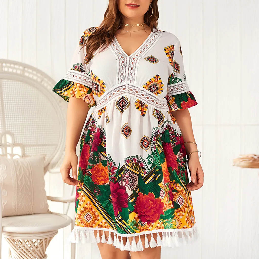 Plus Size Women Summer Dress Bohemian Floral Print Tassels Short Sleeve Dress Vintage Women V-Neck Beach Dresses roupas feminina