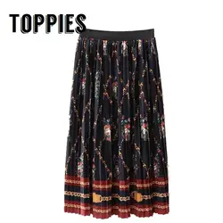 Осень-зима цепи печати женские плиссированные юбки Высокая Талия Винтаж длинная юбка миди уличной моды