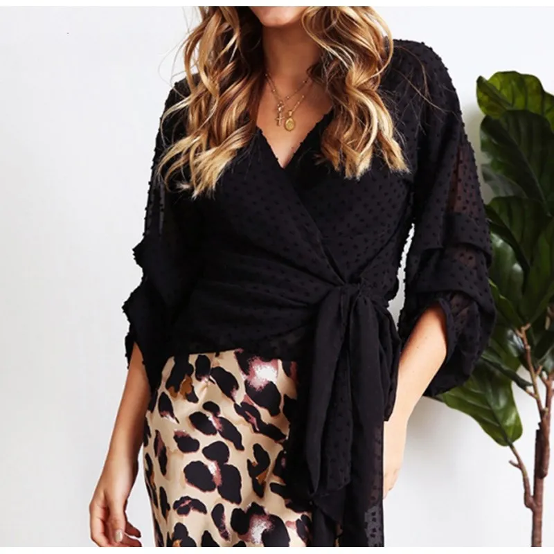 

Hot Sale 2019 Fashion Women Polka Dot Pleated Blouses Chiffon Lace Up Shirts Female Lantern Long Sleeve Wrap Tops
