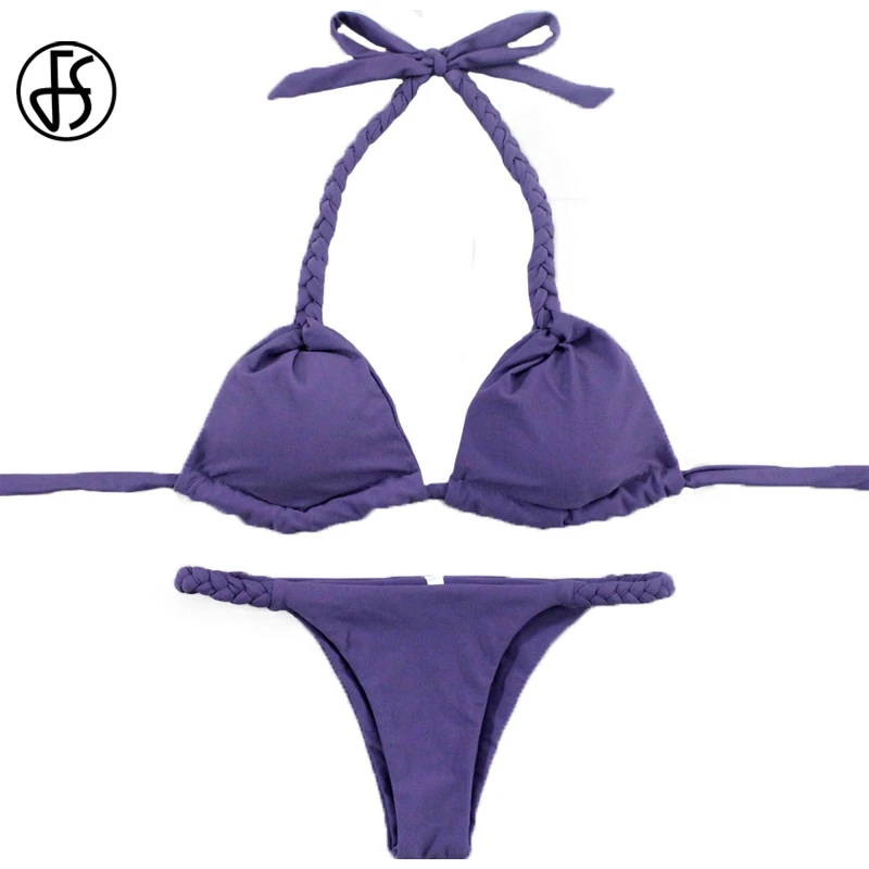 FS Women Swimwear Weave Bikinis Set 2017 Purple Padded Swimsuits Halter
