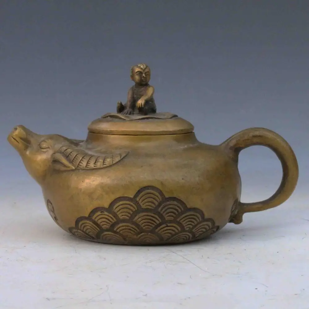 Collectible Chinese Bronze Handwork Carved Elephant teapot /& Lid