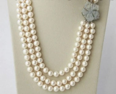 

ddh001548 AA+ 17"-19" 3row 9-10mm round white Freshwater pearl necklace seashell clasp