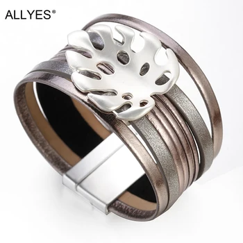 

ALLYES Individual Hollow Metal Leaf Charm Leather Bracelets for Women Bohemian Multilayer Wide Wrap Bracelet Female Jewelry