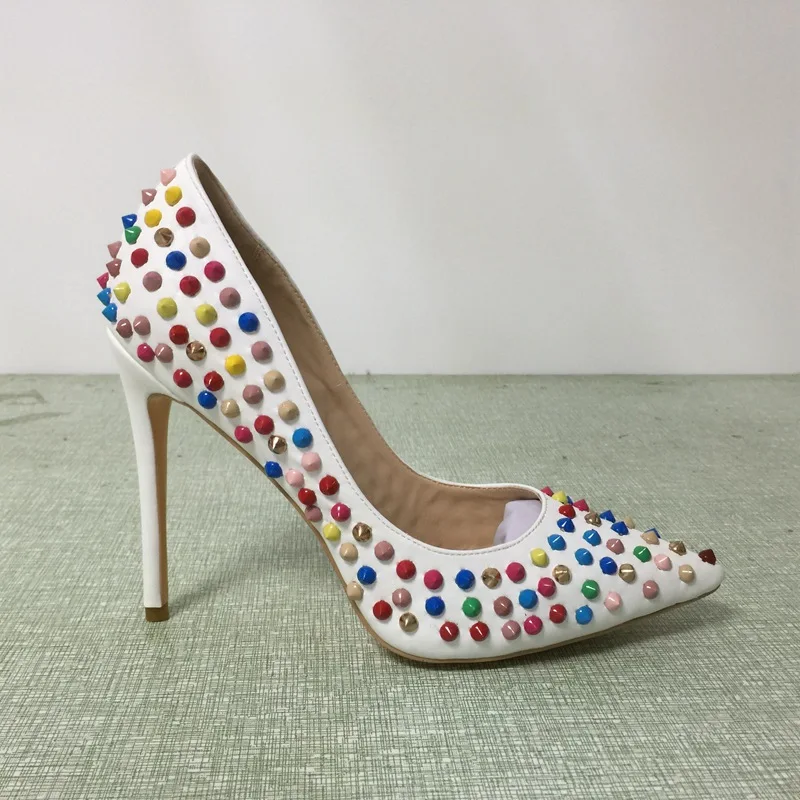 White Woman Pumps With Colorful Rivets Stilettos High Heels Slip on Pointed Toe Handmade Soft Leather