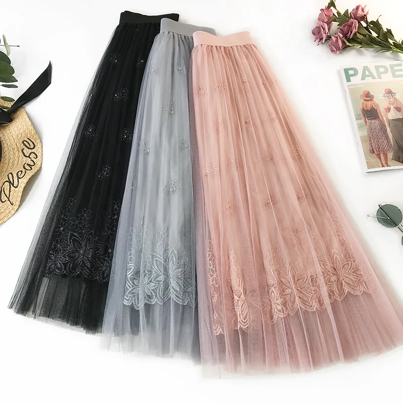 

Wasteheart Spring Pink Black Women Skirt Mesh High Waist A-Line Mid-Calf Long Skirts Pleated Clothing Plus Size Embroidery Skirt