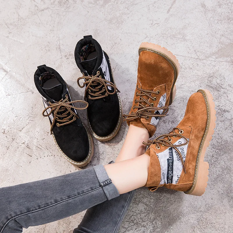 

Martin Boot Winter Ankle Women Shoes Fashion Shoelaces Genuine Leather Flats Platform Suede Women Boots Black Rubber Shoes