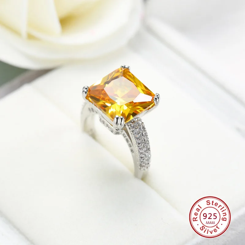 Luxury Princess Cut AAAAA Yellow big CZ solid 925 Sterling silver Ring with Micro Paved Clear Zircon Women Engagement Rings