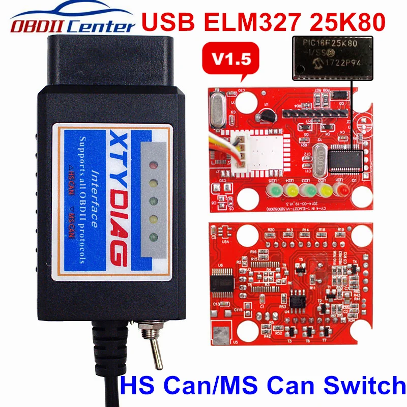 Новейший ELM327 USB переключатель V1.5 Диагностический сканер ELM 327 1,5 HS MS может переключаться OBD2 интерфейс OBD II сканирующий инструмент PIC18F25K80 чип