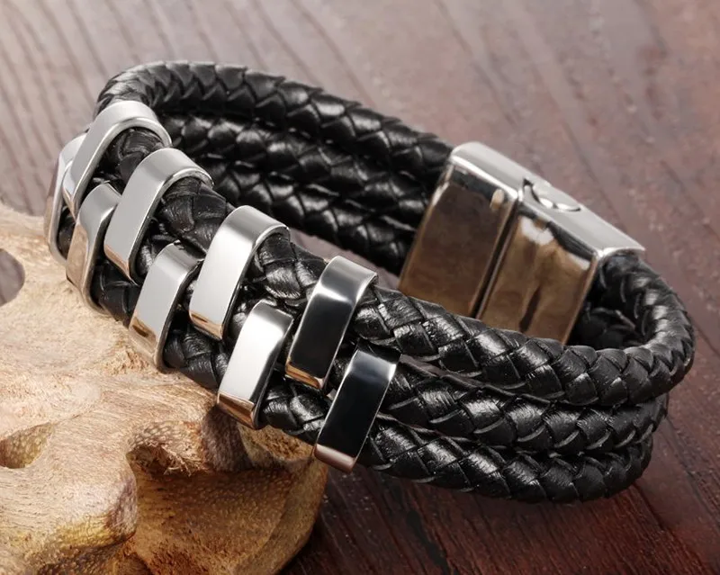 MOZO Модные мужские ювелирные изделия черный Многослойный кожаный кольцеобразный браслет из нержавеющей стали магнитный браслет со стальными элементами браслет человек Винтаж браслет PS1018