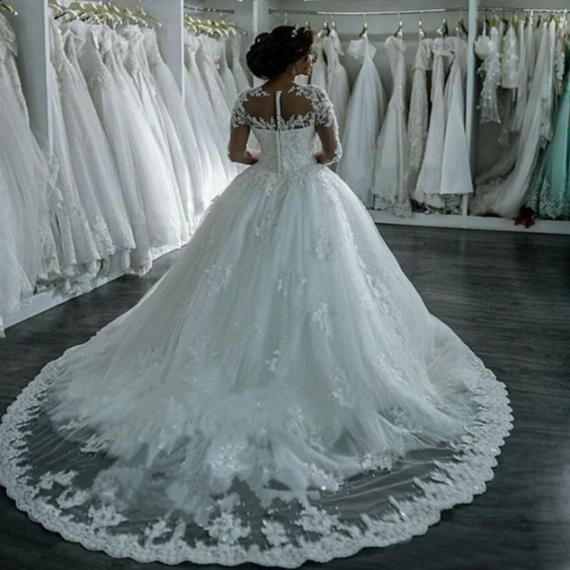 Vestidos De Noiva 2019 Элегантное свадебное платье трапециевидной формы с длинными рукавами Прозрачная ткань с аппликацией и стразами кружевное