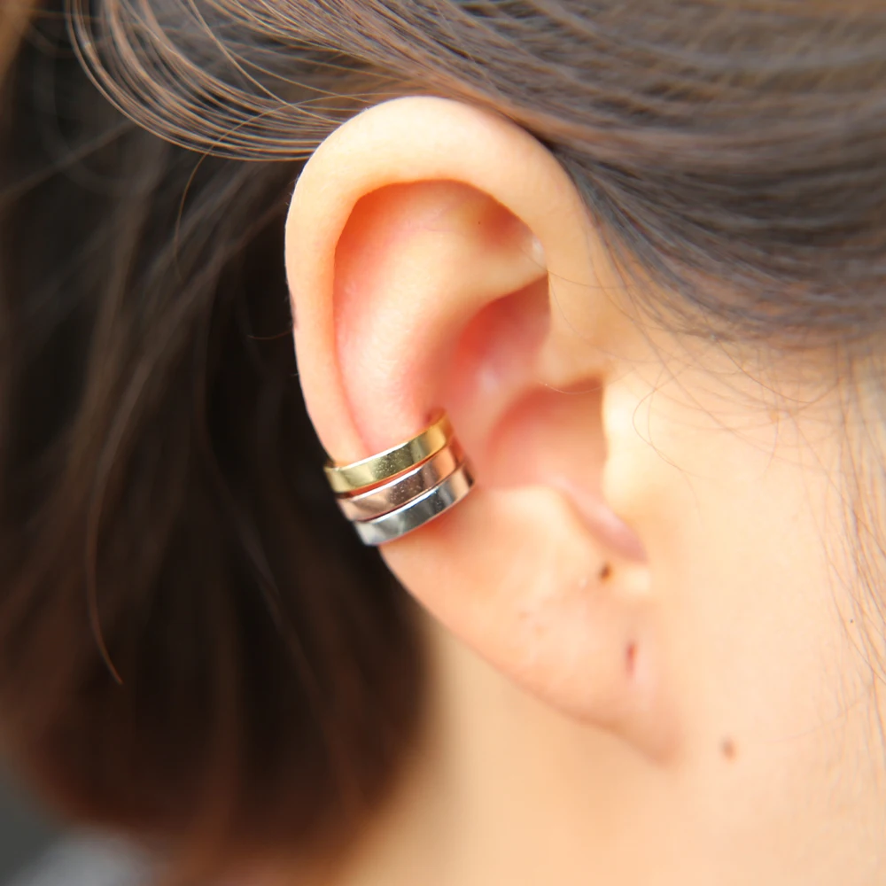 100% 925 sterling silver simple circle cuff plain high polished women girl no pierced three color stack cuff earring (12)