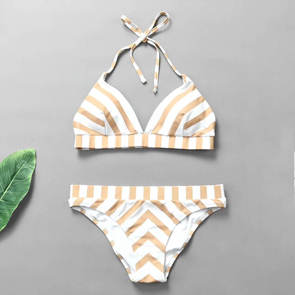 

Ladies Beachwear Stripe Printed Girls Split Sexy Halter Charming V Neck Bikini Set Two-piece Breathable Fashion Swimming Slim