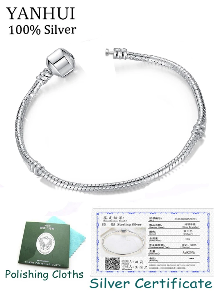 Бренд yanhui Сертифицированный Ювелирный серебряный шарм браслеты безопасный застегивающийся браслет-змейка браслет для самодельных украшений для женщин подарок