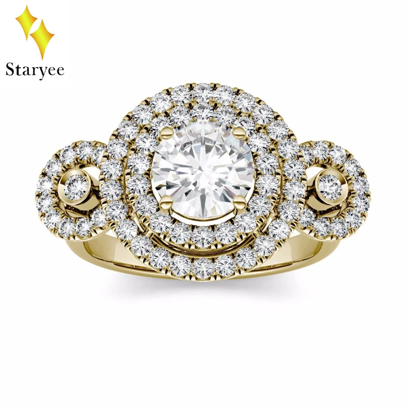 

Luxurious 1ct 6.5mm GH Engagement Band Wedding Moissanite Diamond Double Halo Rings For Women Real 18K 750 Solid Yellow Gold
