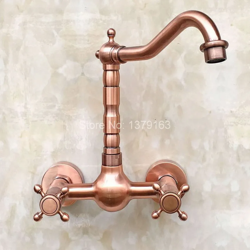 Antique Red Copper Wall Mounted Kitchen Sink Faucet Mixer Basin Tap Dual Cross Handles Levers arg031