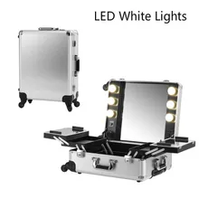 Серебряный светодиодный Белый свет макияж художника поезд коробка алюминиевый чемодан для косметики на колесах макияж светодиодный освещение студии