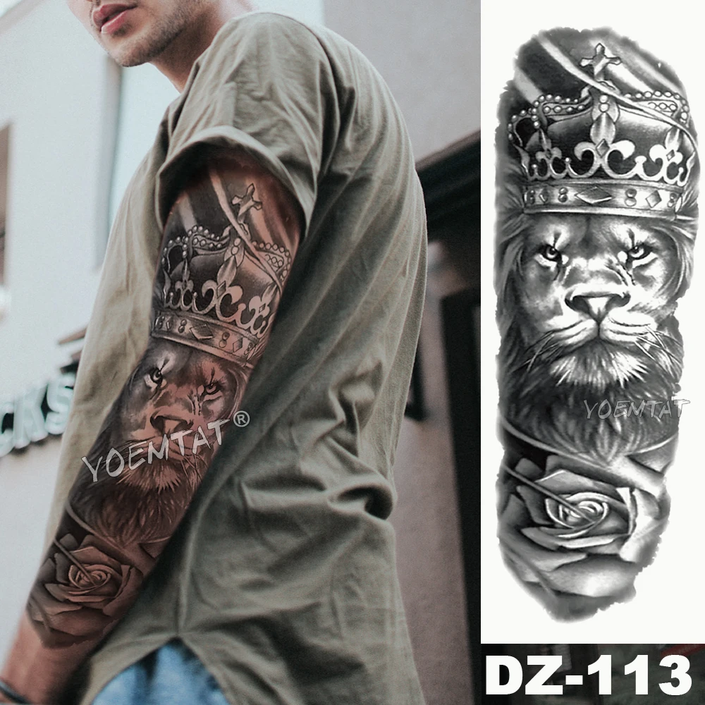 

Large Arm Sleeve Tattoo Lion Crown King Rose Waterproof Temporary Tattoo Sticker Wild Wolf Tiger Men Full Skull Totem Tattoo