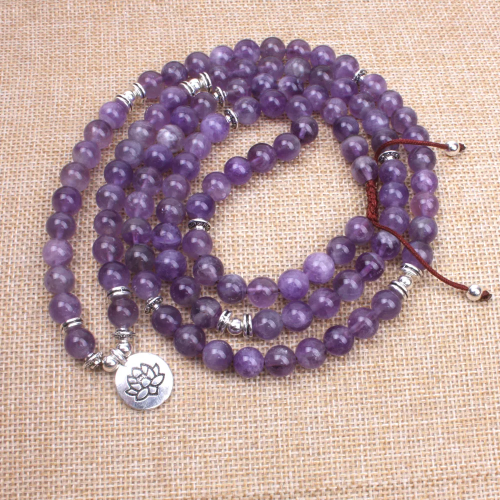 

Women necklace Purple Natural stone 108 mala necklace meditation yoga jewelry Handmade OM lotus Buddha Charm Pendant necklace