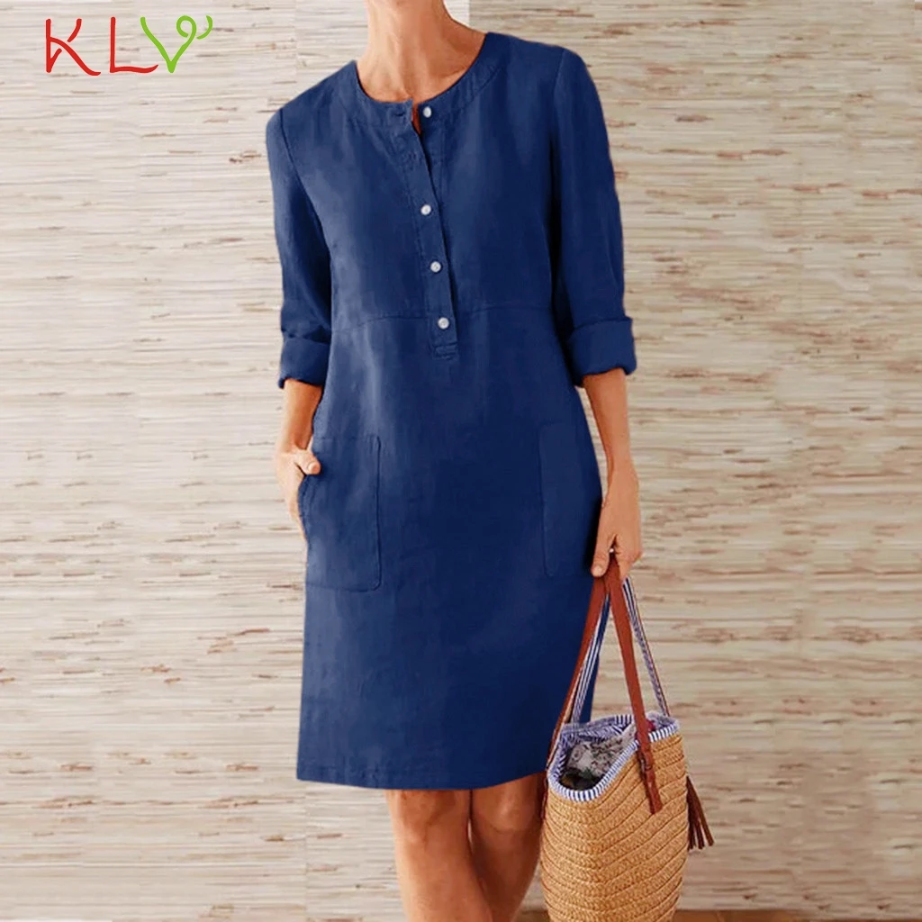 

Dress Women Elegant Cotton Linen with Pocket Long Sleeve Dress Casual Party Night 2019 PlusSize Vestidos Robe Femme Clothes 19Jl