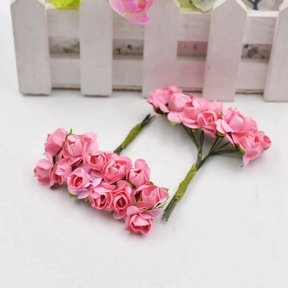 12 шт./лот, Мини бумажные розы, искусственные цветы, букет, свадебные, рождественские украшения, Подарочная коробка, сделай сам, венок, скрапбукинг, цветы - Цвет: Темно-розовый