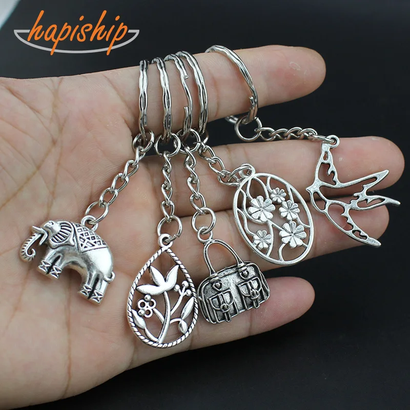 

Hapiship Women/Men's Fashion Vintage Silver Bird Elephant Flower Key Chains Key Rings Alloy Charms Gifts YSDY219