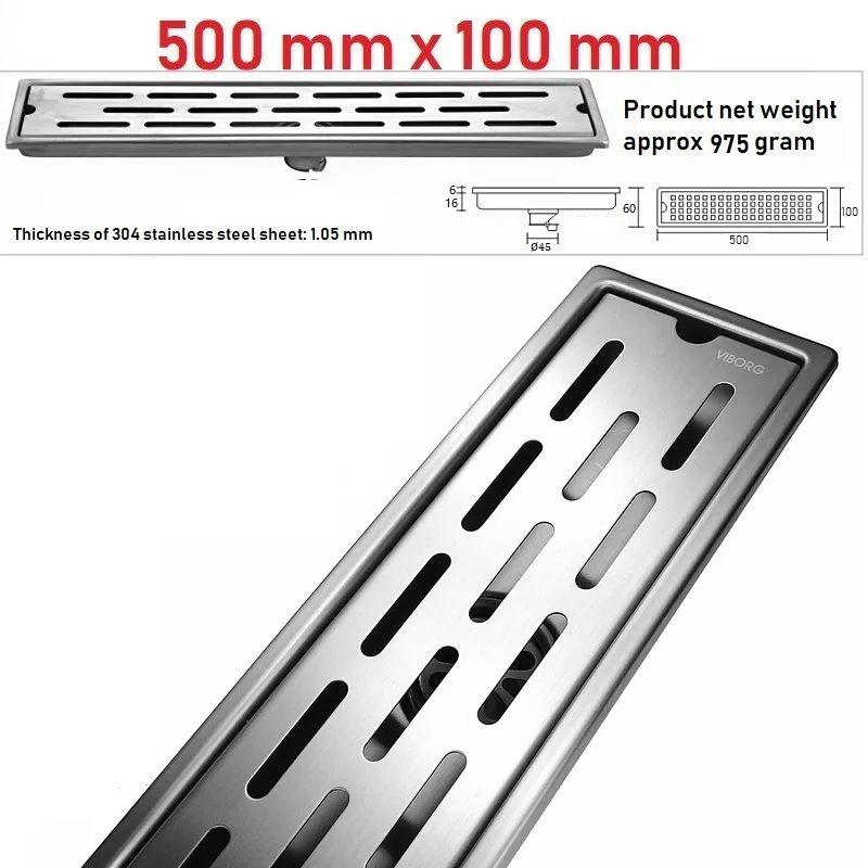

VIBORG 500mm x 100mm Deluxe 304 Stainless Steel Extra-thick Rectangular Bathroom Shower Linear Floor Drain Drainage Stainer