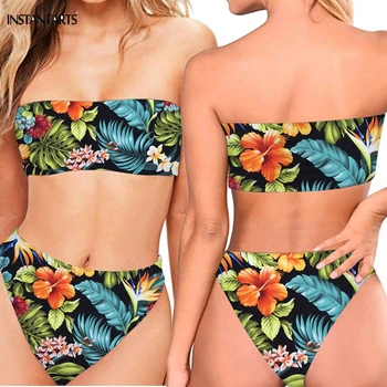 

INSTANTARTS Hawaii Tropical Leaves/Floral Pattern Woman Summer Swimming Suits Strapless Female Bikini Set Push Up Bathing Wear