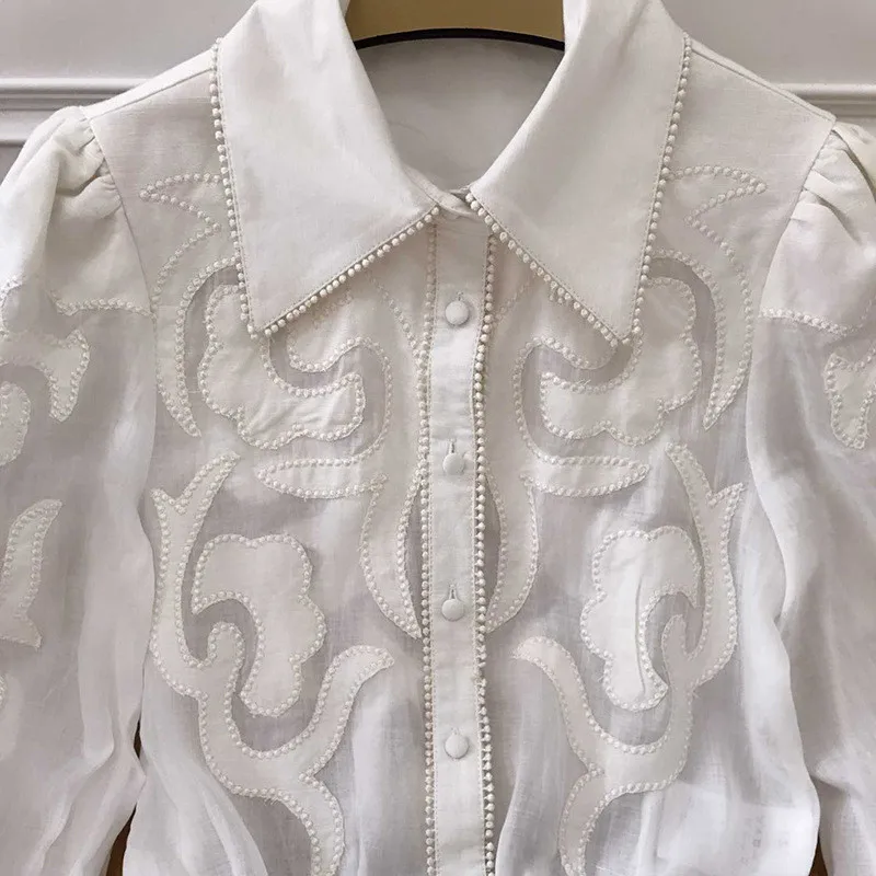 Runway Suit Women's Flare Sleeve Bow Collar embroidery Two Piece Set Top And Pants 2 Piece Set Women Blouses Casual Pants (8)