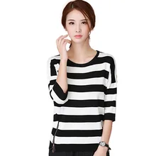 2017 spring summer O-neck Pullovers black white striped seven long sleeve loose sweater with side zipper women Jumpers sweater 2017 spring summer O-neck Pullovers black white striped seven long sleeve loose sweater with side zipper women Jumpers sweater