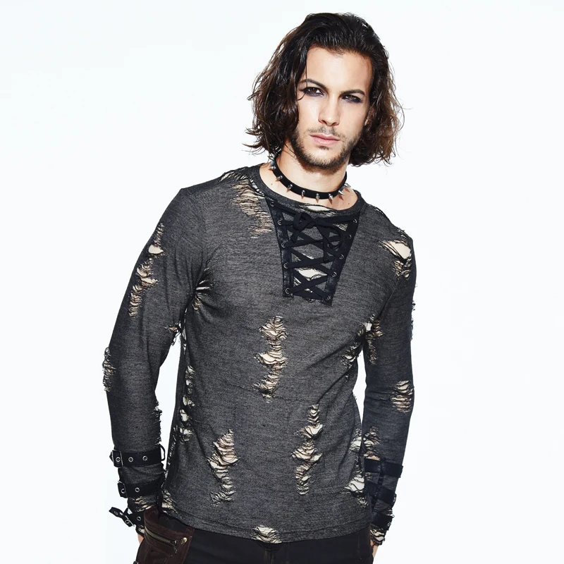 

Men's Long Sleeve Spring Summer Military Style Wind Black Casual Stitching T-Shirt Round Neck Tie Top Gothic Punk Hole T-Shirt