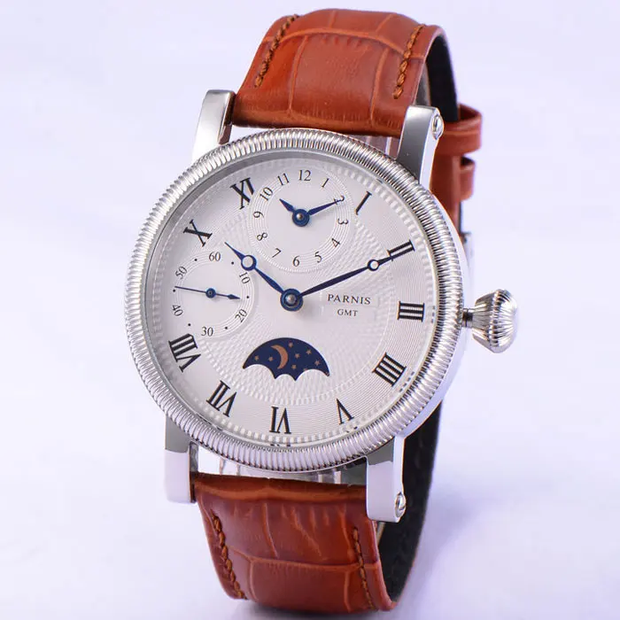 Сладкие Подарки 42 мм parnis белый циферблат синие метки кожаный ремешок GMT Moon Phase автоматические механические мужские часы