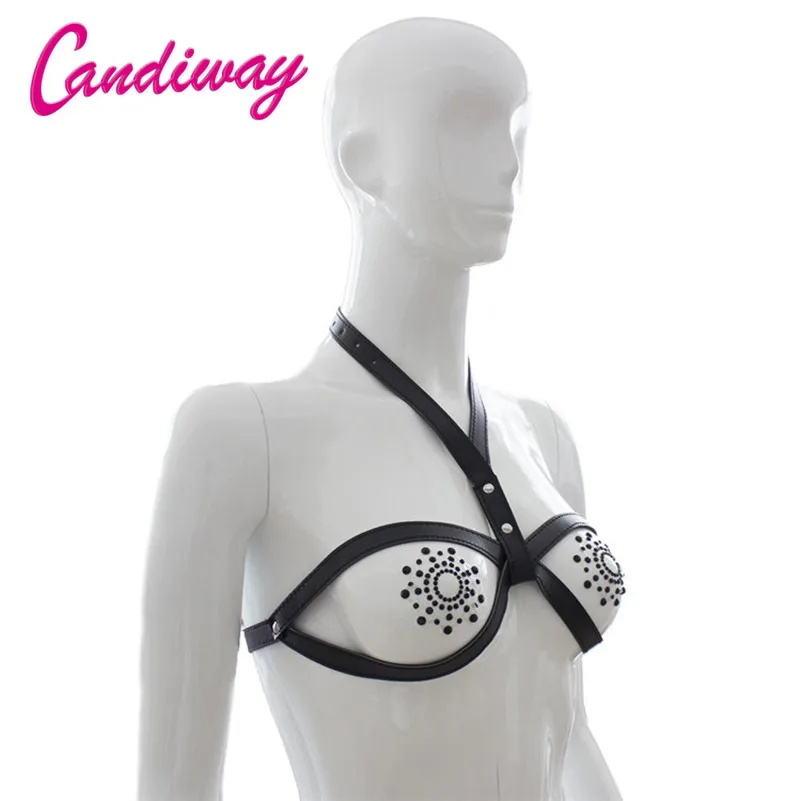 BDSM Halter Sexy Leather Bra Adjustable Rivet Shoulder Strap Short Distinctive For Females Bondage-Style Underwear