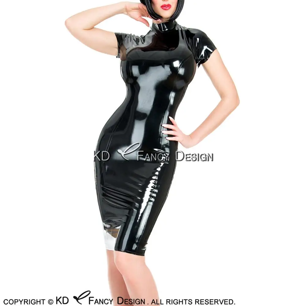 

Black Sexy Latex Dress With Cap Sleeves And Back Zipper And High Collar Rubber Bodycon Playsuit Plus Size LYQ-0137