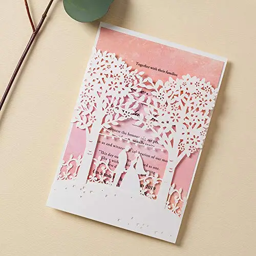  50Pcs White Bride GroomTree Laser Cut Wedding Invitations Card with Envelope and Blank Mint & Pink  - 32989537133