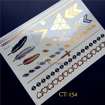 

1PC Sexy Gold Sliver Feather Flash Metallic Cross Chain Tattoo Waterproof H154 Heart Bracelet Tattoo Choker Arrow Sticker Paper