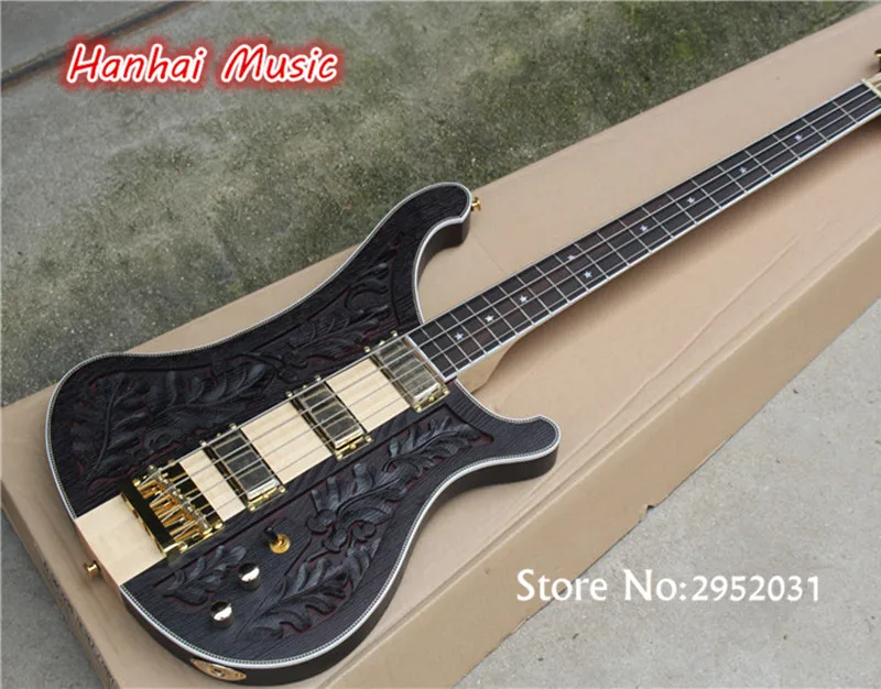 

Free Shipping-4-String Bass Guitar,Craved Flower on Body,Neck-thru-body Design,Gold Hardware,Black wood Color,can be Customized