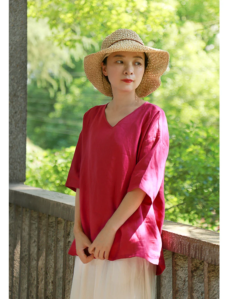 LZJN Women Tops and Blouses 2019 Summer V Neck Short Sleeve Linen Shirt Casual Loose Work Blouse RetroTop Plus Size Blusas (23)