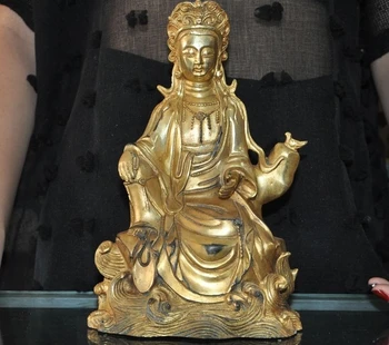 

old chinese buddhism temple bronze 24kgold Guanyin Kwan-yin bodhisattva statue A