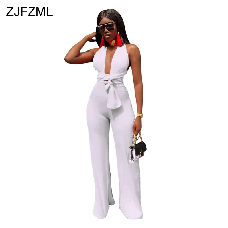 ZJFZML Sexy Backless Lace Up Bodycon Jumpsuit Women Deep V Neck Sleeveless Party Club Bodysuit 2018 Casual Solid Wide Leg Romper