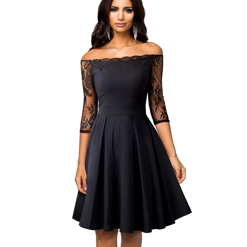 Хорошее-forever винтажное платье с вышивкой, Сексуальное цветочное кружевное лоскутное платье с открытыми плечами, ТРАПЕЦИЕВИДНОЕ пинап, деловое женское расклешенное платье A071 - Цвет: Черный