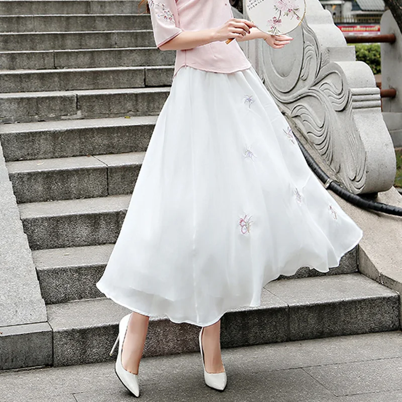 

Chinese Style White Chiffon Skirt New Arrival 2019 Summer women Embroidery A-line Ankle-length Long Skirt Faldas Jupe Femme