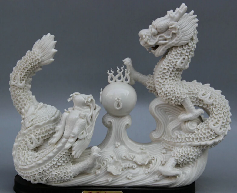 

JP S0524 13" Chinese White porcelain animal Zodiac Year Two Dragon bead sculpture Statue