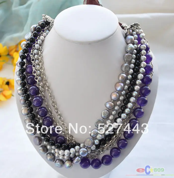 

Wholesale free shipping >>P4133 7row 25" gray pearl black agate purple jade necklace
