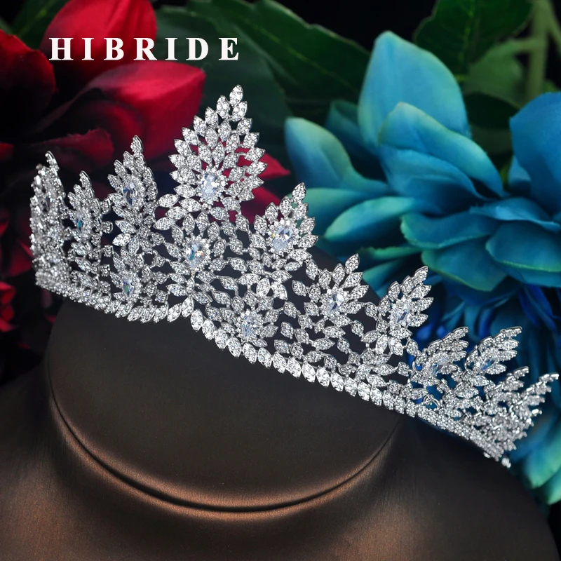 HIBRIDE New Luxury Flower Design Women Bridal Headband Tiara&ampCrown Sparking CZ Pave Crown Hair Accessories Party Gifts C-69 | Украшения