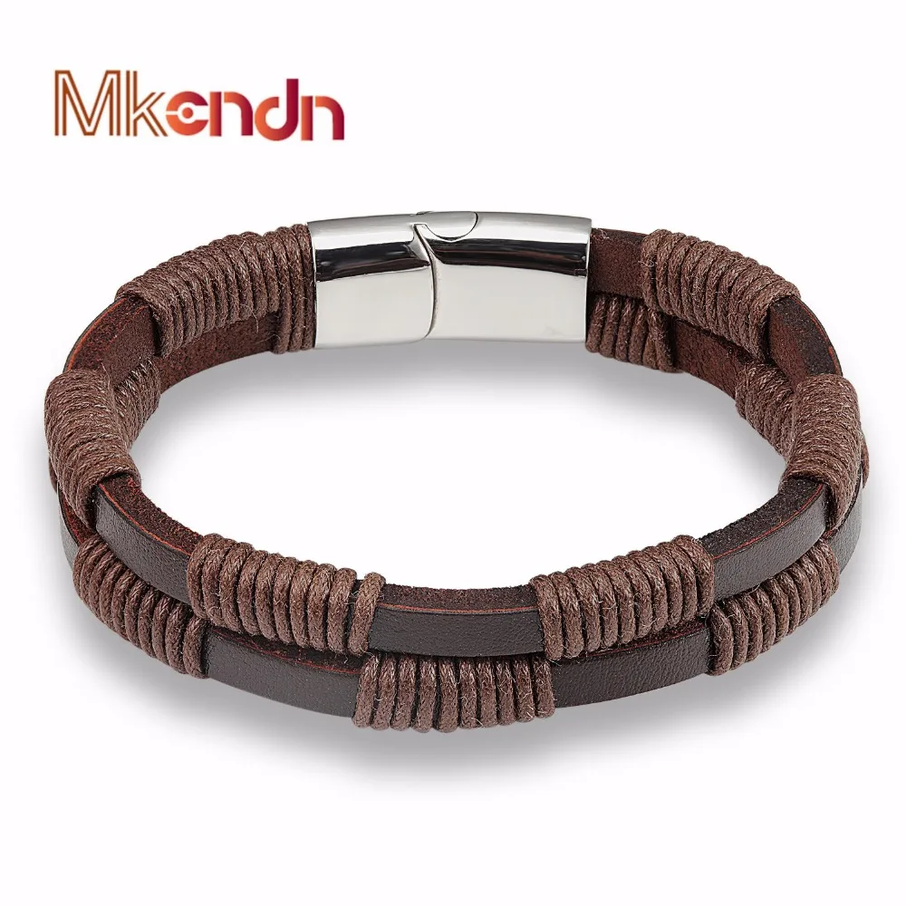 MKENDN FASHION Hot Sale Men Bracelets Genuine Leather Braided Rope Vintage Bracelet Steel ...