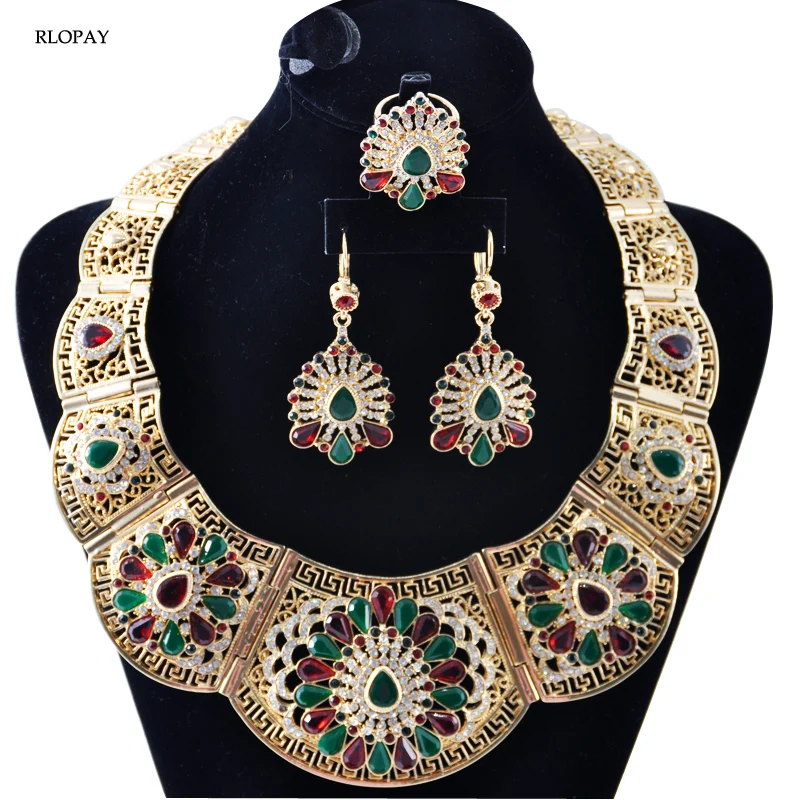 

New Trendy Moroccan Wedding Jewelry Set for Bridal Gold Rhinestones Necklace Earring Set for Women Costume Jewelry