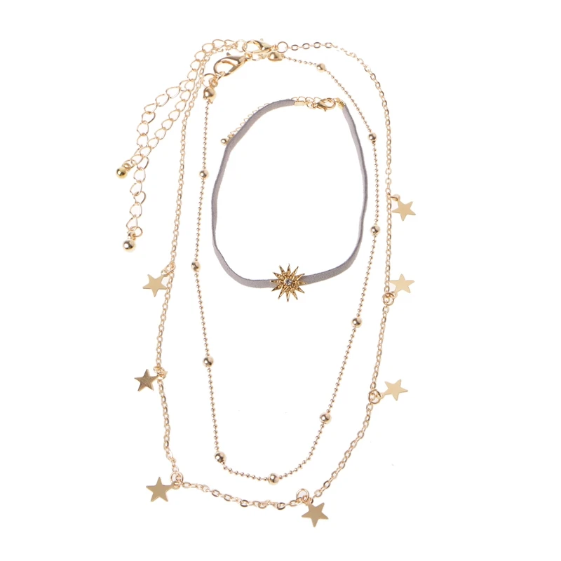 

Vintage Boho Star Sun Sequins Plated Gold Chokers Layer Pendant Necklaces Women