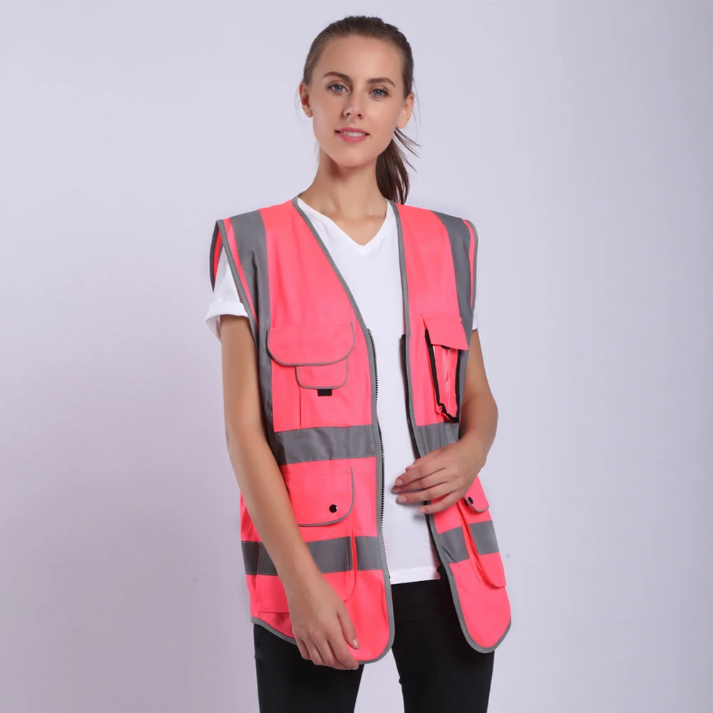 Pink Safety Vest For Women Hi Vis Vest With Reflective Stripes Safety Vest With Pockets And Zipper