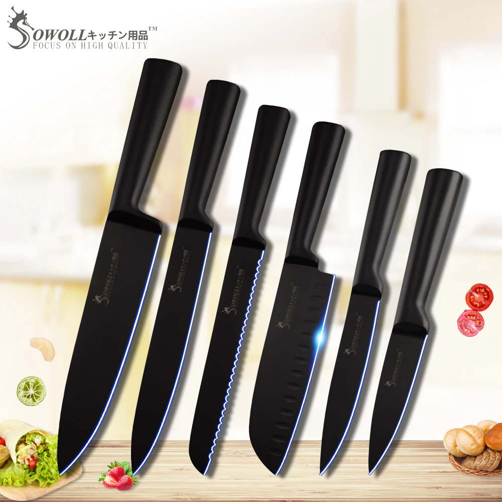 

SOWOLL Black Stainless Steel Kitchen Knife 3Cr13 Sharp Blade Cooking Knife Set Chef Slicer Santoku Utility Paring Bread Knives